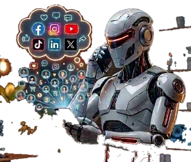 Robô assistente de IA gerenciando redes sociais
